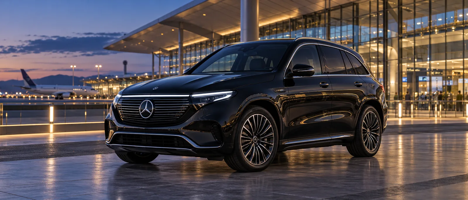 Illustrative black Mercedes-Benz EQC executive SUV at an airport